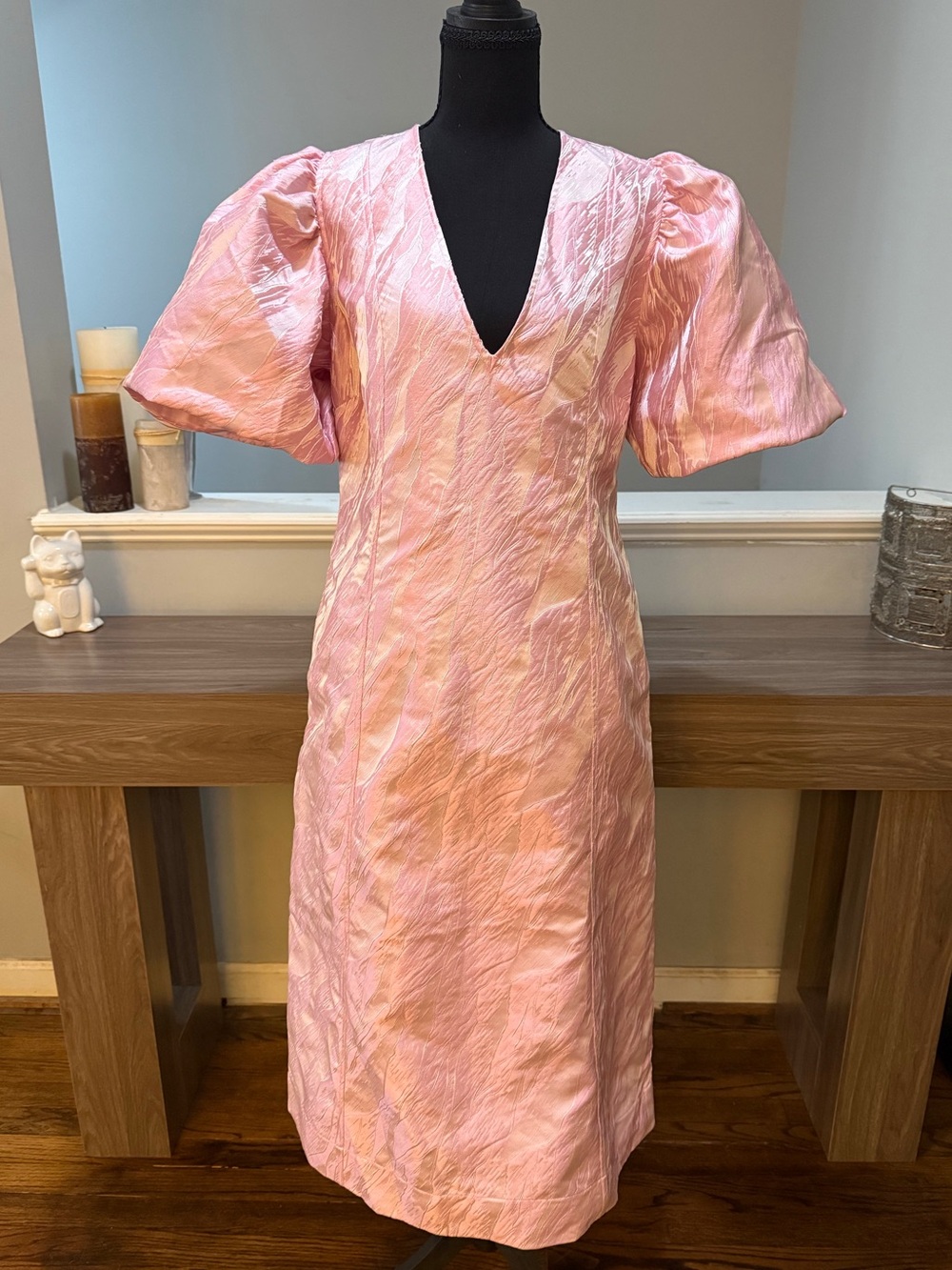 GANNI Pink Gathered Jacquard Puff Sleeve Midi Dress Scandi Chic Barbiecore EU 42